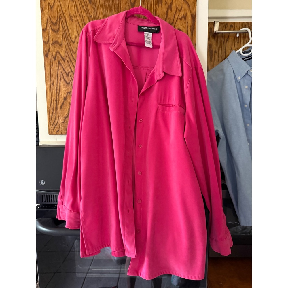 Sag Harbor Hot Pink Faux Suede Button Down Shirt Blouse Womens 12 Long Slv